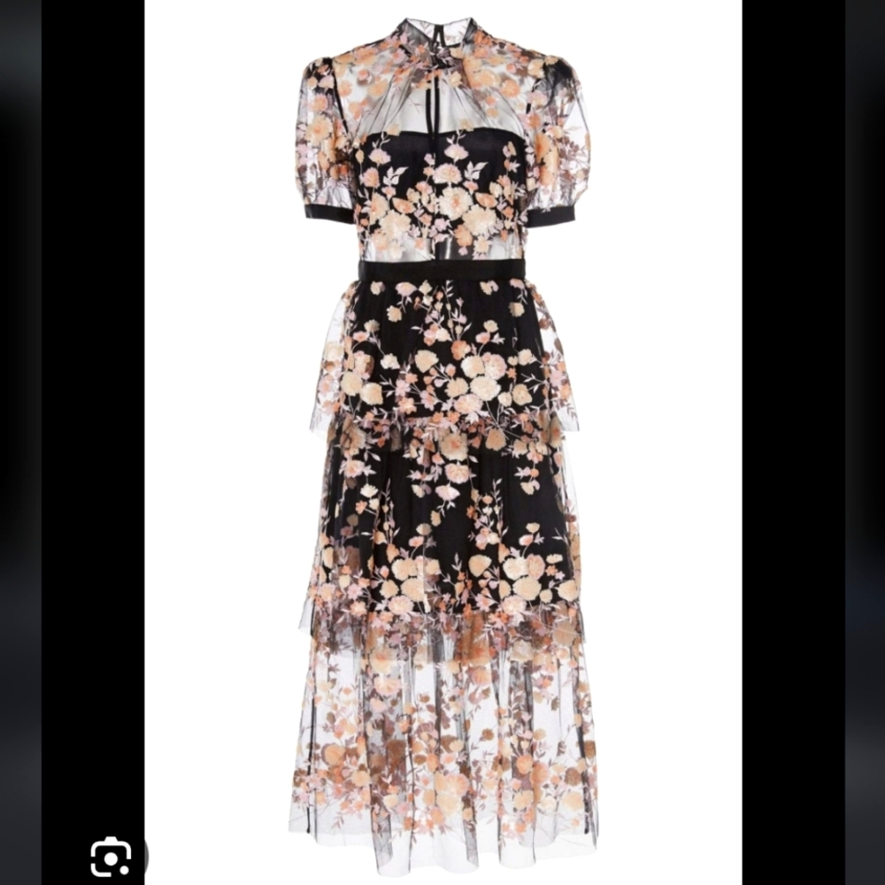 Self-Portrait Short Sleeve Sequin Floral Mesh Midi Dress Size 4